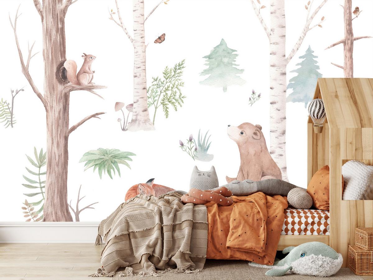FOTOTAPETE für Kinderzimmer Wilde Waldtiere Aquarell Bäume 350x256 - Orange/Braun, Papier (350/256cm) - Muralo