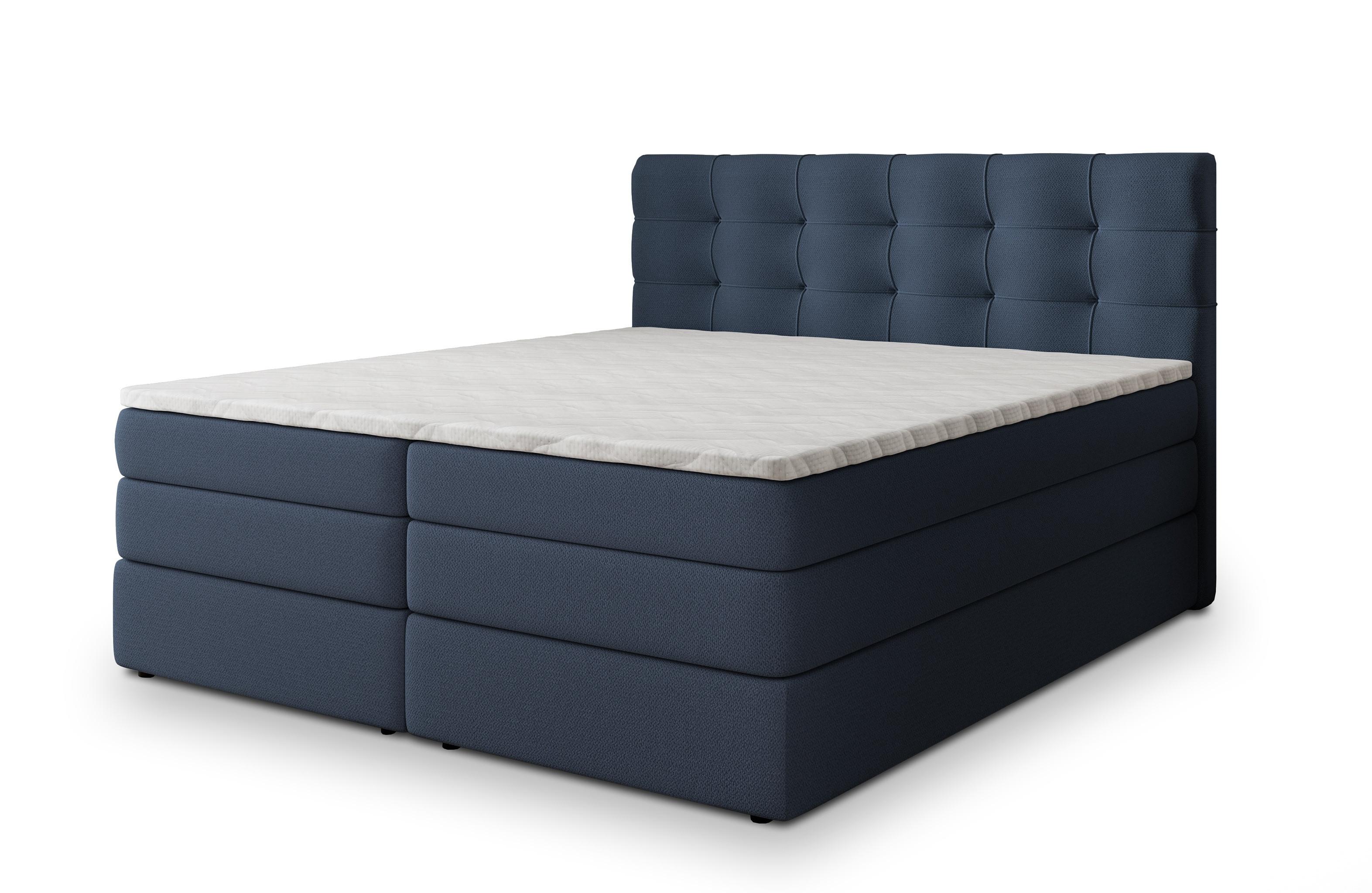 BOXSPRINGBETT AREZI 200x200 cm mit Matratze und Topper, H2+H3 - Blau - Blau, Holz (200/200cm) - MASSENO