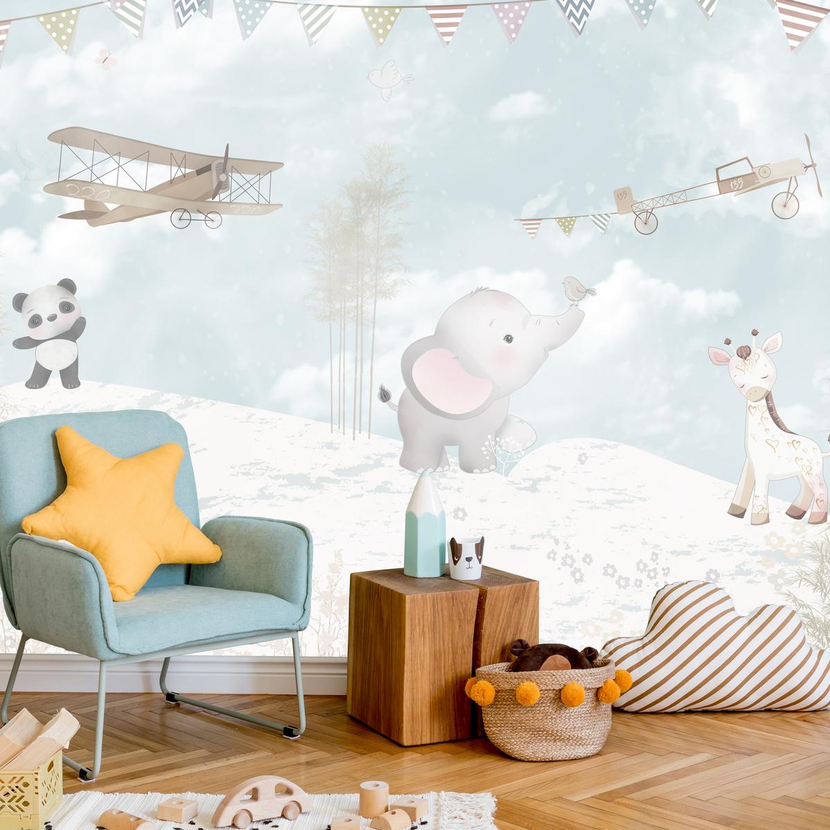 FOTOTAPETE für Kinderzimmer Boho Elefant Panda Giraffe Pflanze Flugzeug 200x140 - Multicolor, Papier (200/140cm) - Muralo