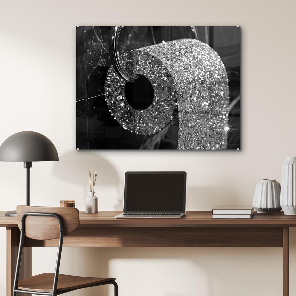 ACRYLGLASBILD WC - Toilettenpapier - Schwarz und weiß - Glitter 80x60 cm - Silberfarben, Glas (80/60cm) - MuchoWow