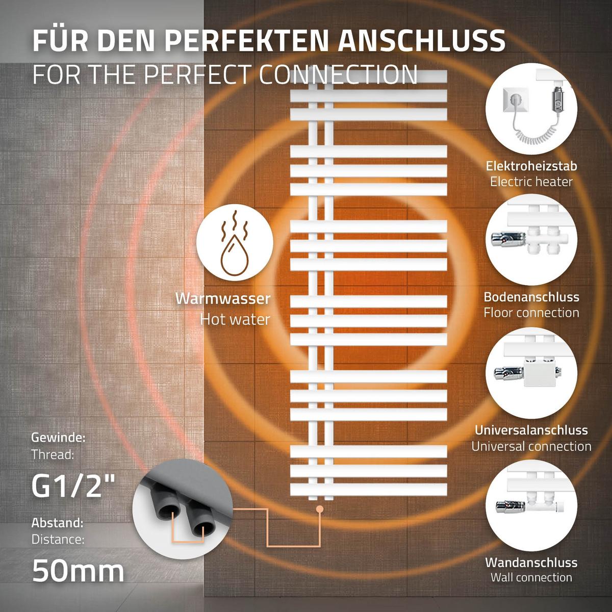BADHEIZKÖRPER elektrisch Iron EM 500x1400 mm Weiß mit Heizstab 1200W - Weiß, Metall (50/140/3cm) - LuxeBath