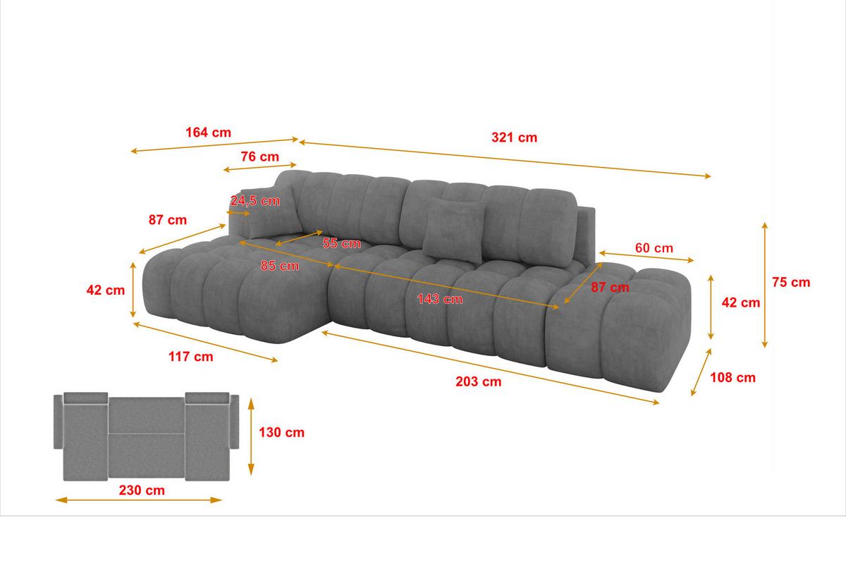 ECKSOFA mit Schlaffunktion Ottomane Links OLEA-L2 321x164x75 Grau Velours - Anthrazit/Schwarz, Holzwerkstoff/Kunststoff (321/164cm) - ALTDECOR