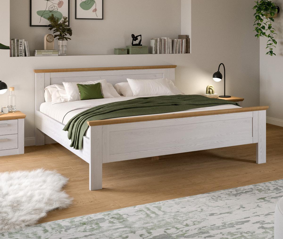 BETT weiß Lärche, Eiche Artisan Landhaus, Doppelbett Liegefläche 180 x 200 cm - Eichefarben/Weiß, Holzwerkstoff/Metall (180/200cm) - Inn.Furn