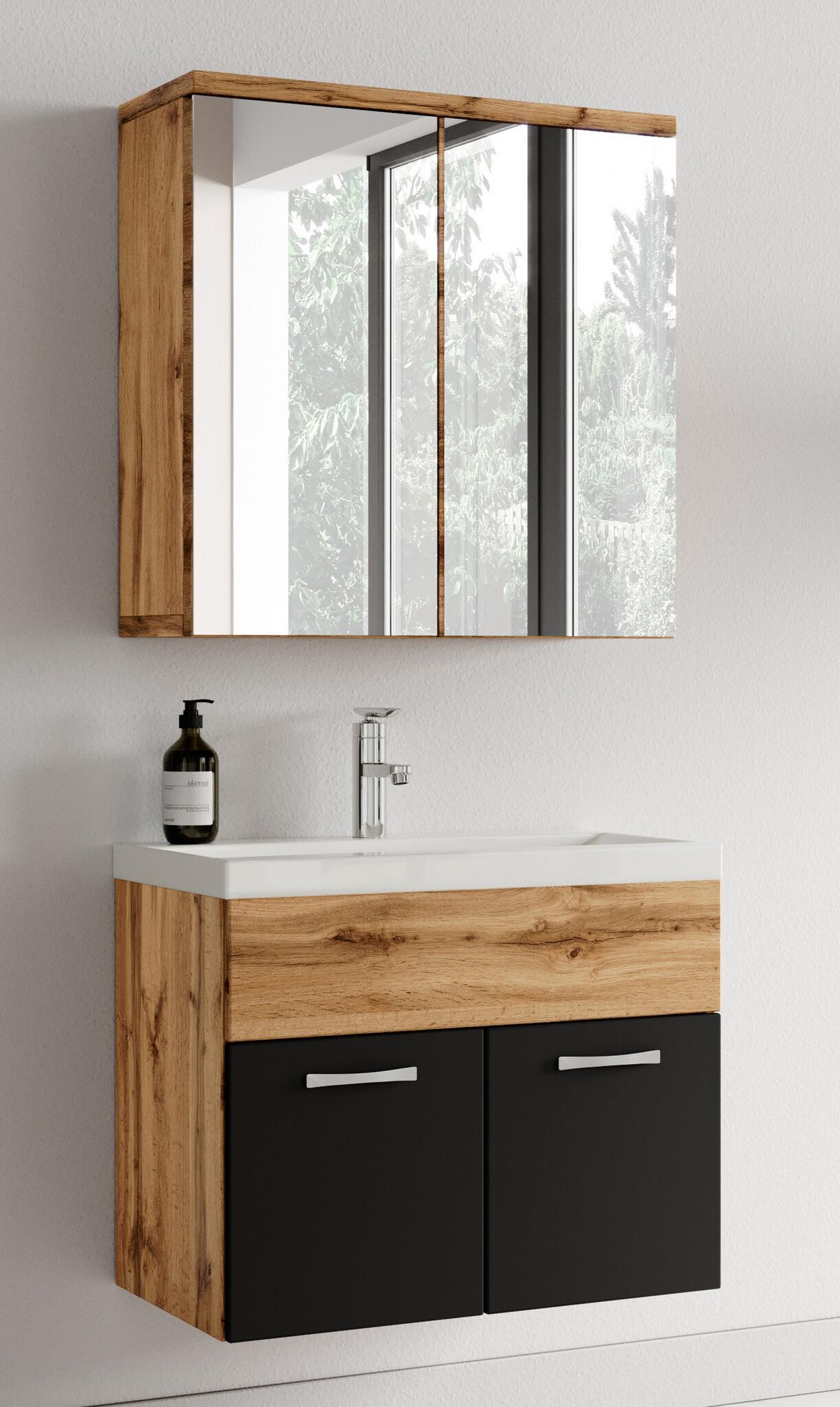 BADMÖBEL-SET Montreal 3 Teile Eiche / Schwarz - 60 x 35 x 51 cm - Eichefarben/Schwarz, Holz (60/53/35cm) - Badplaats