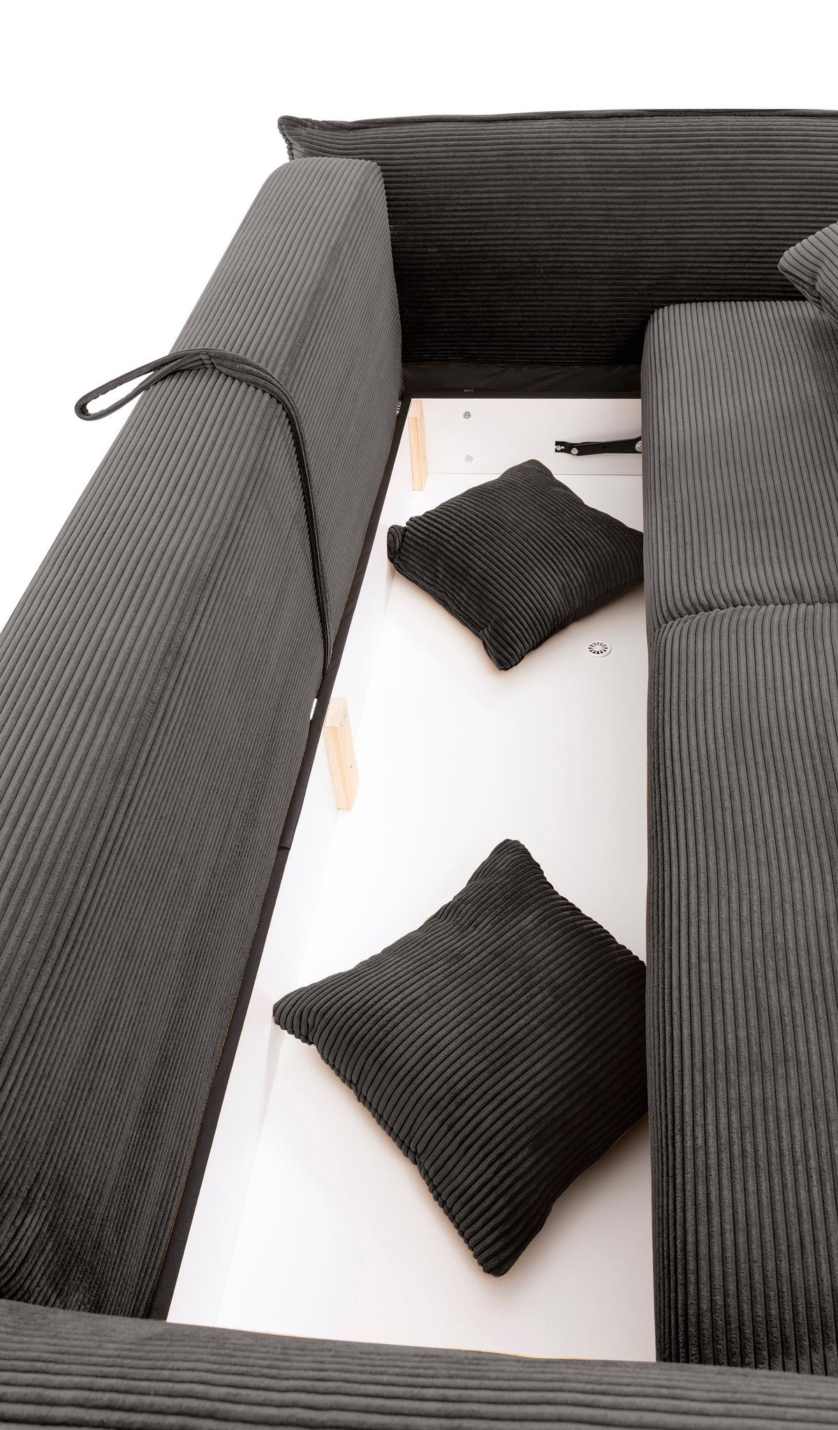BIG-SOFA mit Schlaffunktion, Bettkasten, Federkern, Armlehnen verstellbar B242/T131/H90 cm, Liegefläche 168x199 cm, Cord Dunkelgrau / 17214 - Chromfarben/Dunkelgrau, Kunststoff/Textil (242/90/131cm) - luma-home