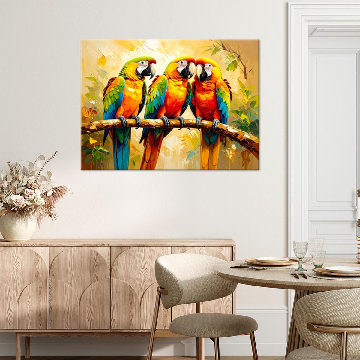 LEINWANDBILD Bunte Papageien auf einem Ast 120x80cm - Multicolor, Textil (120/80cm) - Feeby