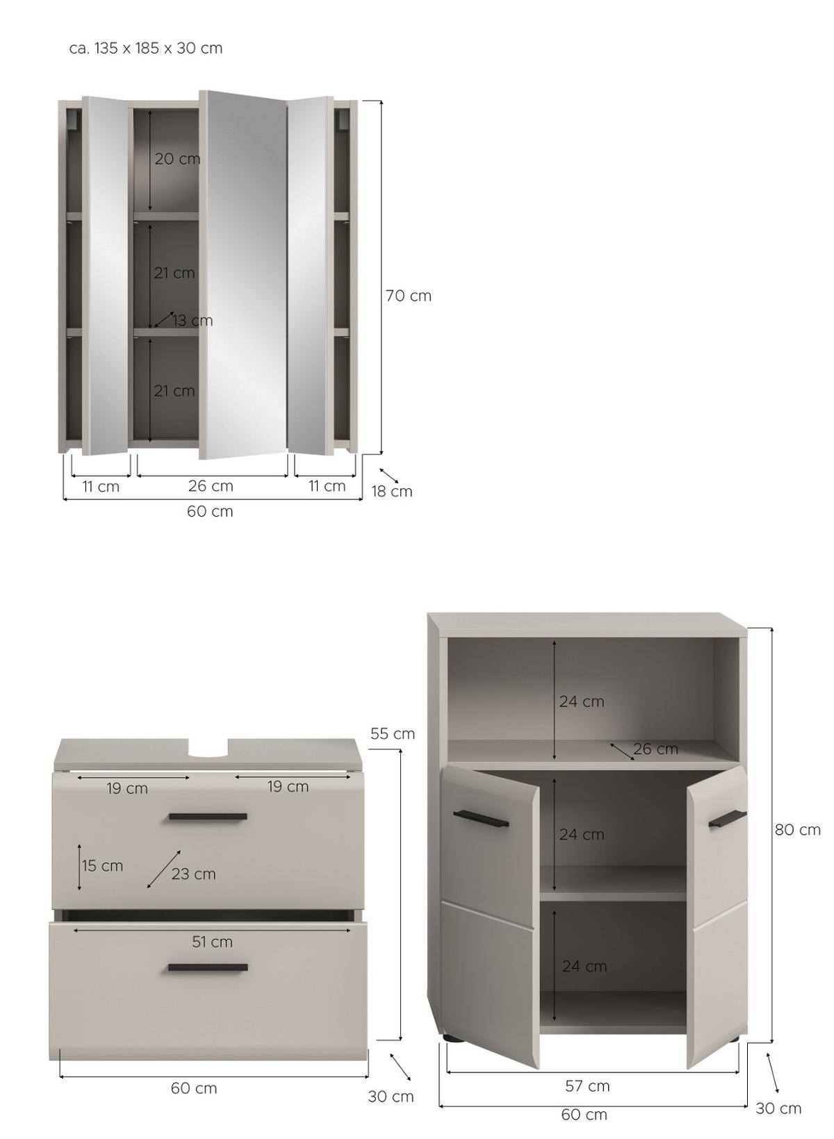 BADMÖBEL-SET Kaschmir 3-teilig 135 cm, Komplettset in modernem Design - Kaschmir/Schwarz, Glas/Holzwerkstoff (135/185/30cm) - Inn.Furn