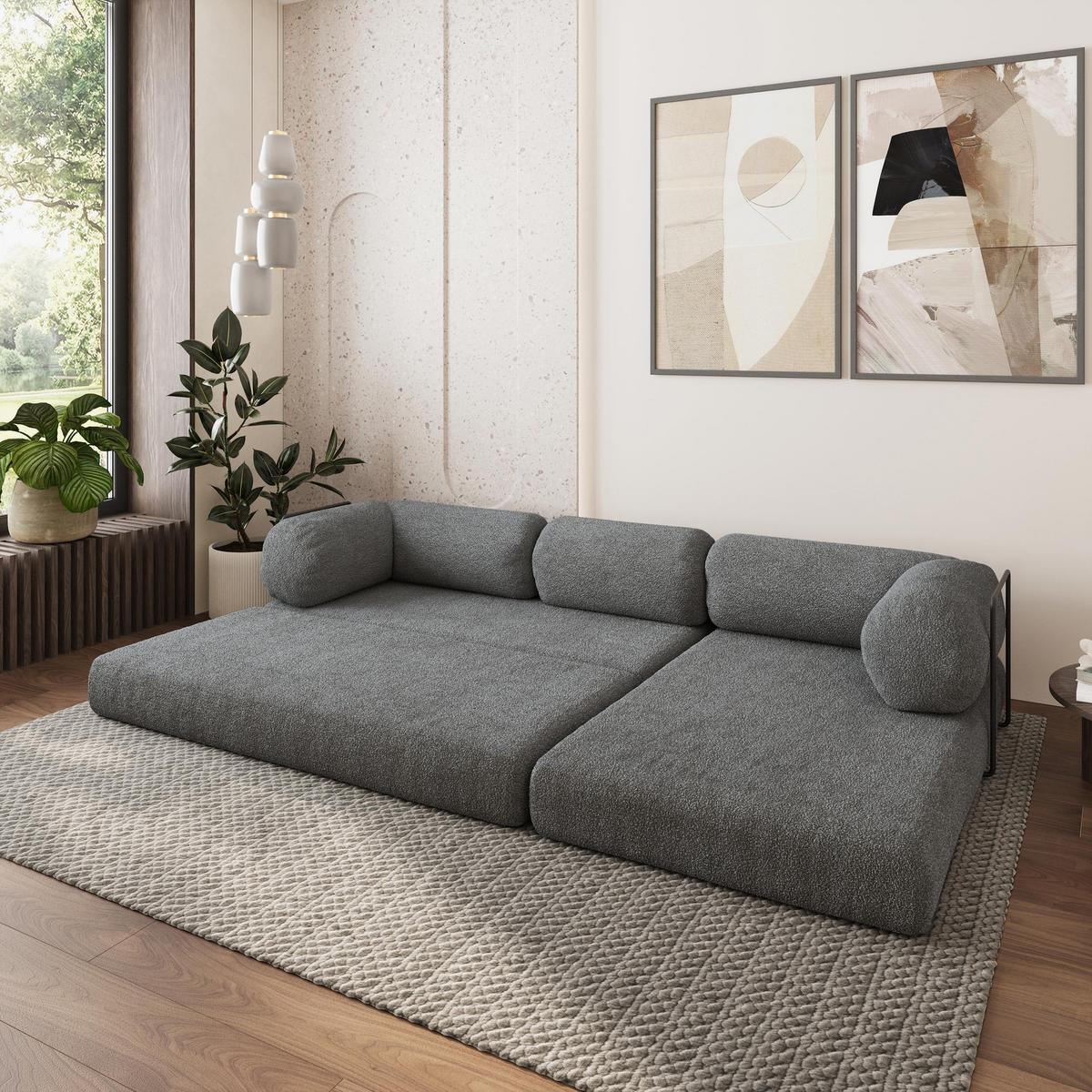 ECKSOFA KELI modulares Boneless Sofa mit Schlaffunktion Grau Boucle-Stoff - Grau, Textil (270/160cm) - MASSENO