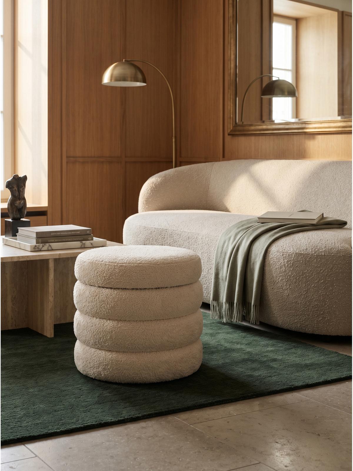 SITZHOCKER RHONE, Teddystoff, mit Textilbezug, Creme, Ø 40 x 45 cm - Beige/Creme, Textil (40/45/40cm) - KADIMA DESIGN