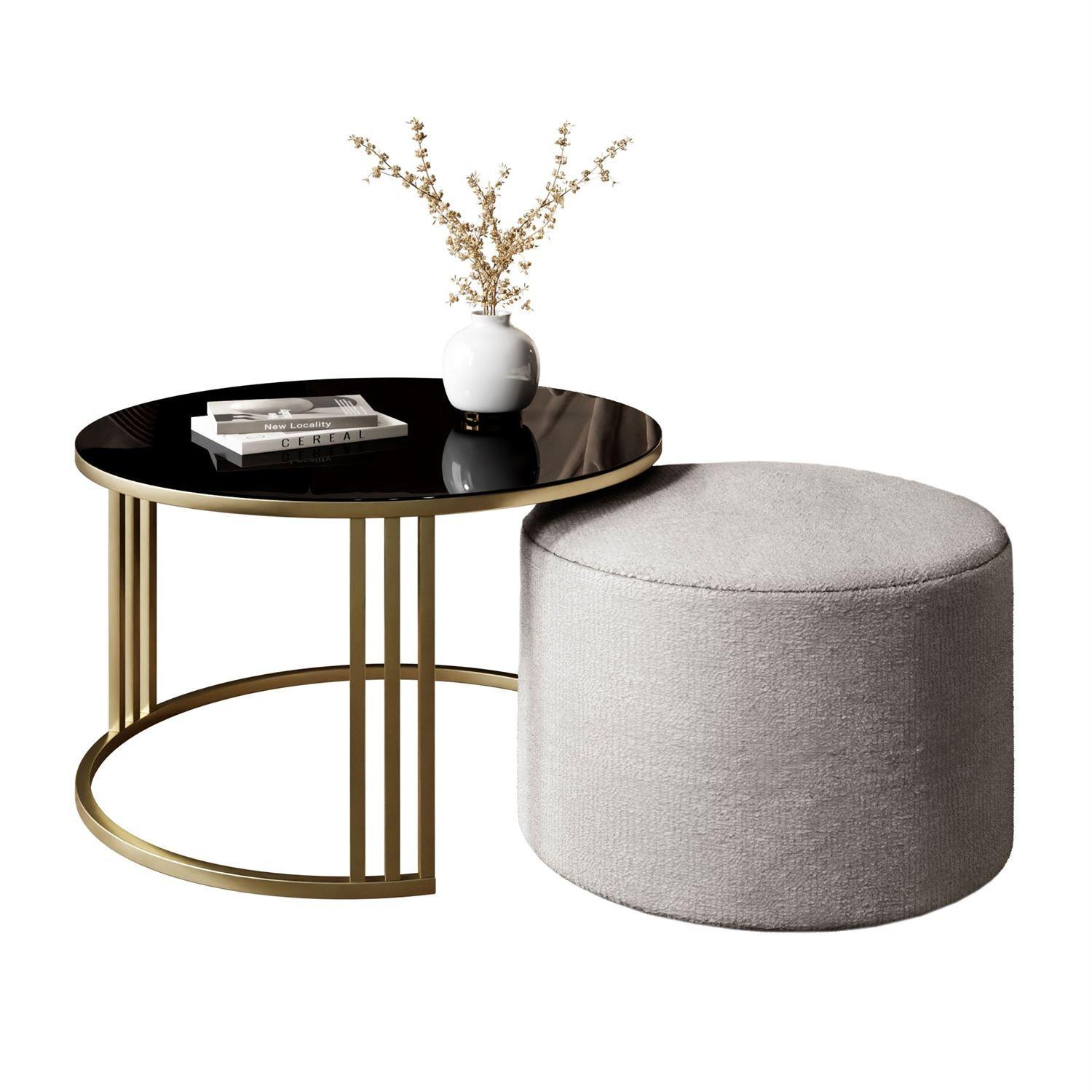 COUCHTISCH mit Hocker LORI GLASS gebürstetes Gold/schwarzes Glas/Perfect Harmony 82 - Schwarz, Metall (70/70/49cm) - Lookway