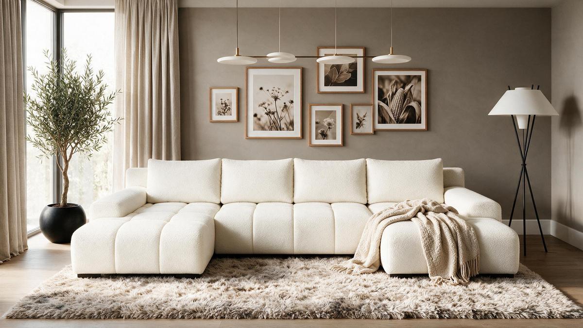 WOHNLANDSCHAFT OVIA U mit Bettkasten und Schlaffunktion, Bouclé-Stoff in U-Form - Beige, Textil (350/80/185cm)