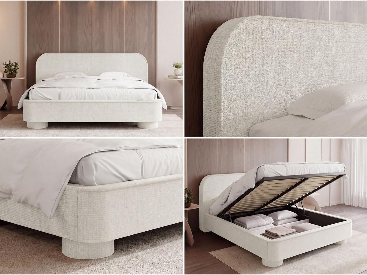 POLSTERBETT Aurora mit Bettkasten, Lattenrost & gepolsterten Füßen in Creme Chenille 200x200 cm - Birkefarben/Creme, Holzwerkstoff/Textil (200/200cm) - WFL GROUP