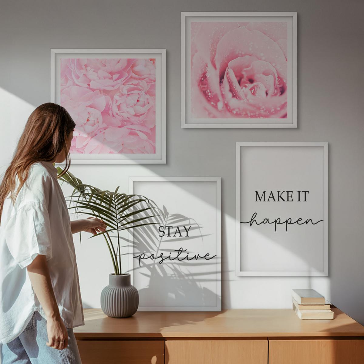 BILDER SET 4er Set - 50x50 cm & 40x60 cm Weißer Rahmen - Minimalistische rosa Blüten - Weiß, Kunststoff (50/50cm) - TULUP