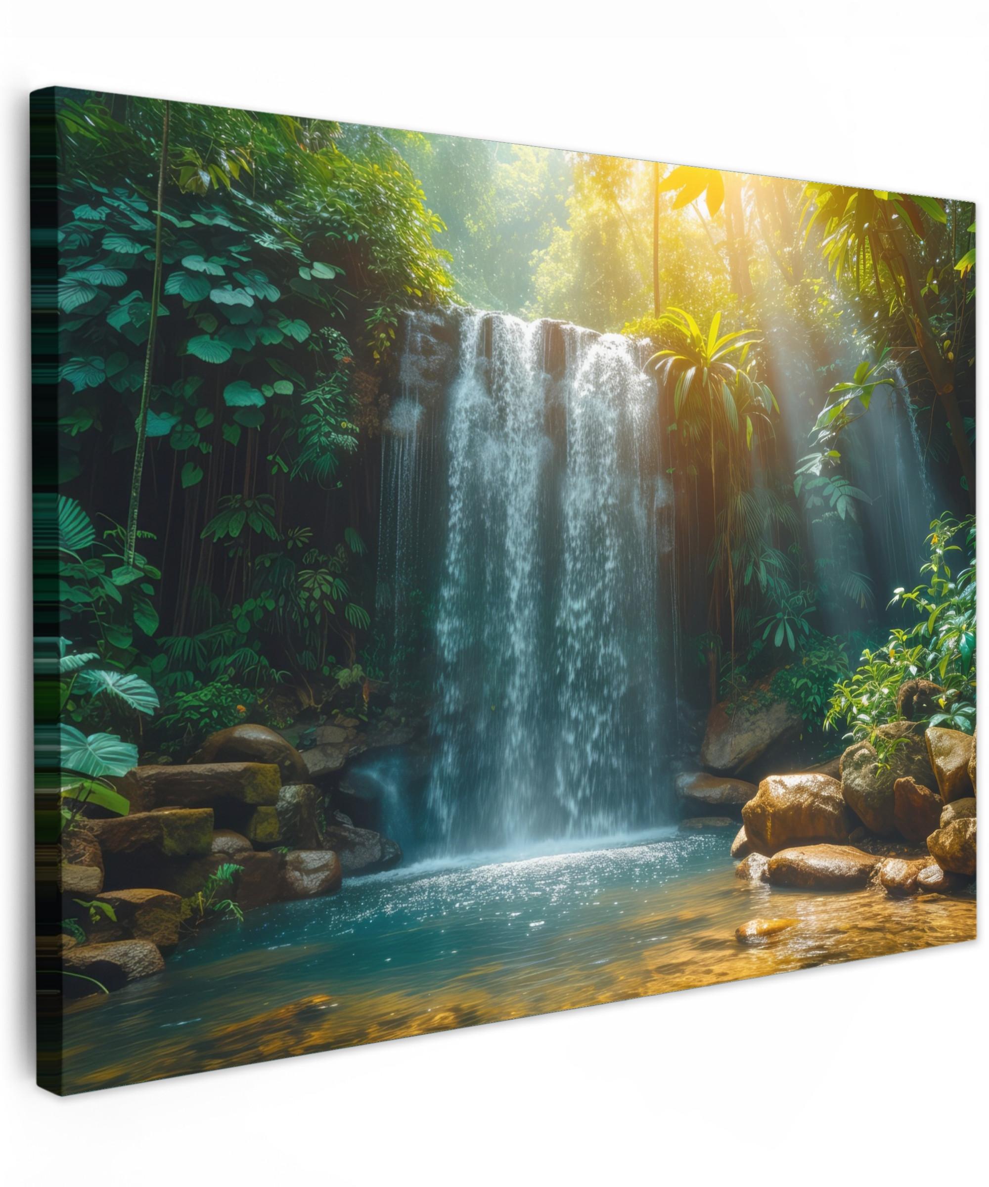 LEINWANDBILD Wasserfall - Dschungel - Sonne - Grün - Natur Wandbild 40x30 cm - Grün, Textil (40/30cm) - MuchoWow