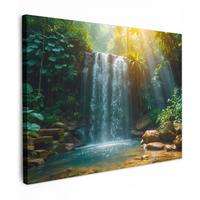LEINWANDBILD Wasserfall - Dschungel - Sonne - Grün - Natur Wandbild 40x30 cm - Grün, Textil (40/30cm) - MuchoWow