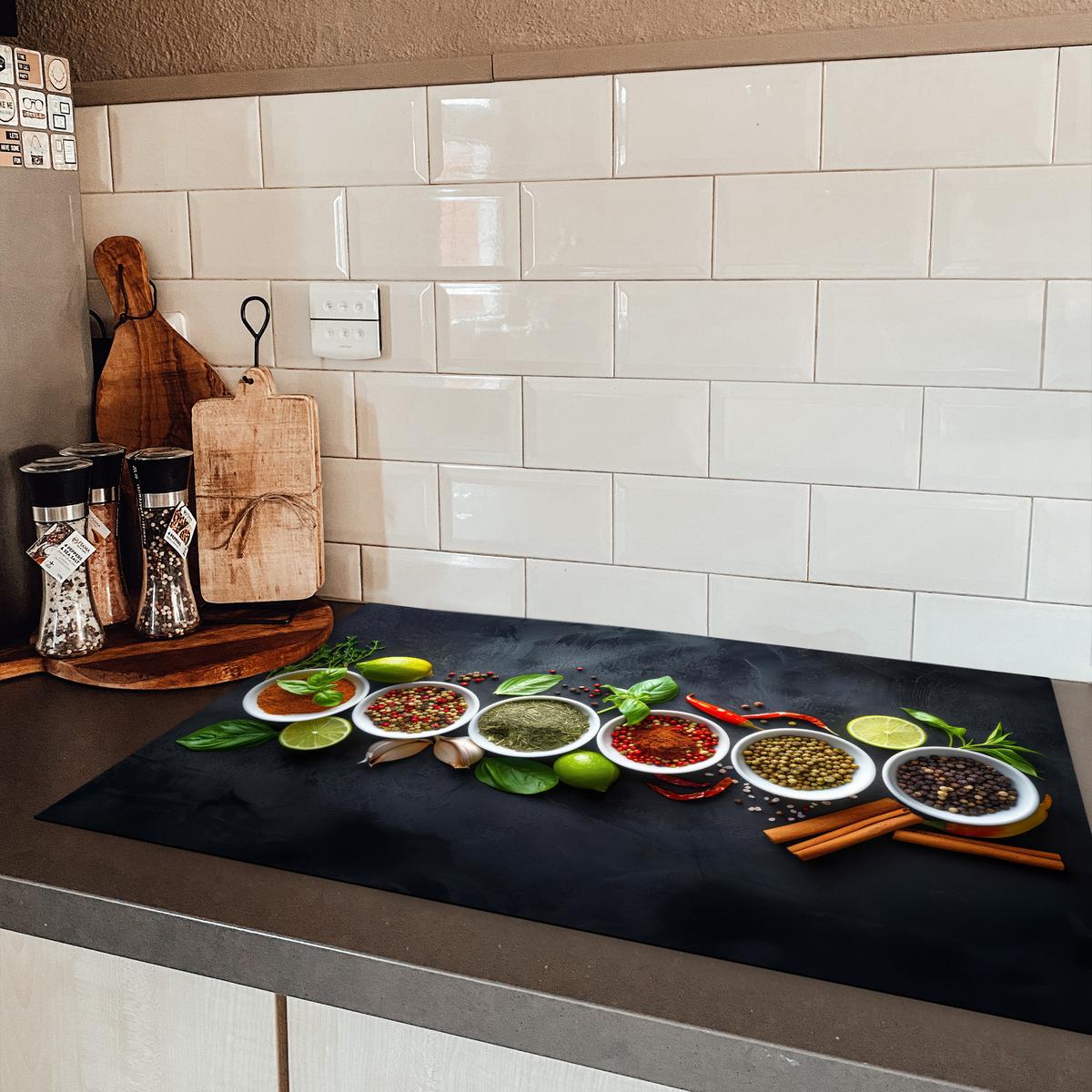 HERDABDECKPLATTE Kräuter - Gewürze - Konkrete Optik - Stilleben Induktionsschutz 81.6x52.7 cm - Multicolor, Kunststoff (81.6/52.7/0.2cm) - MuchoWow