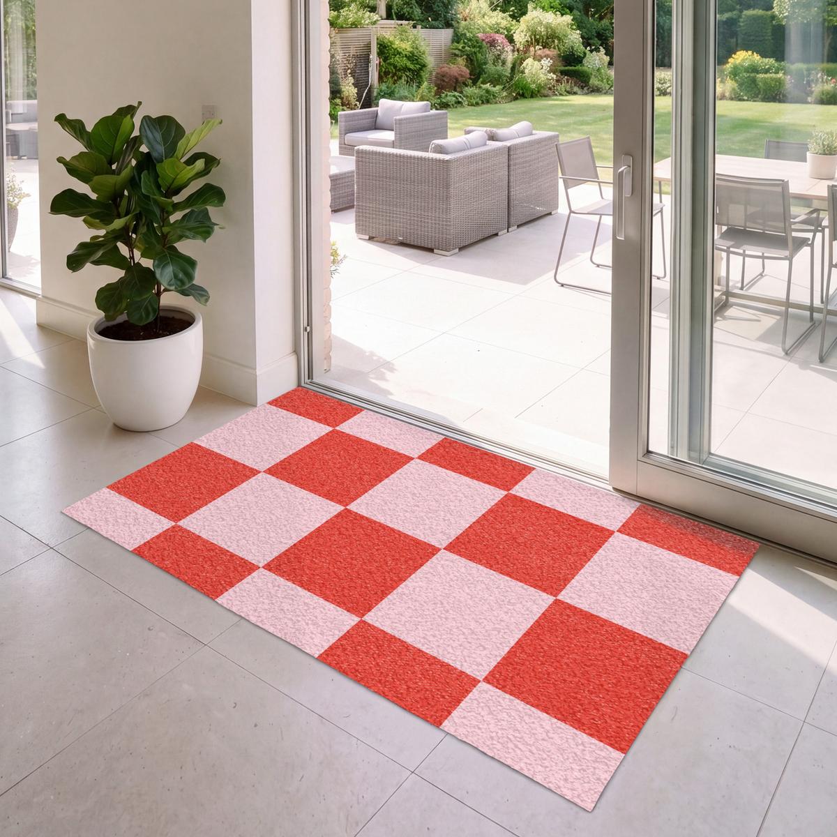 FUSSMATTE Schachbrettmuster - Rot - Rosa - Würfel Türmatte 150x90 cm - Rot, Kunststoff (150/0.4cm) - MuchoWow