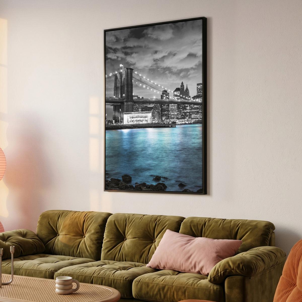 LEINWAND Bilder mit Rahmen - New York - Skyline - Stadt - Blau - 100x150 - Blaugrau, Textil (100/150cm) - MuchoWow