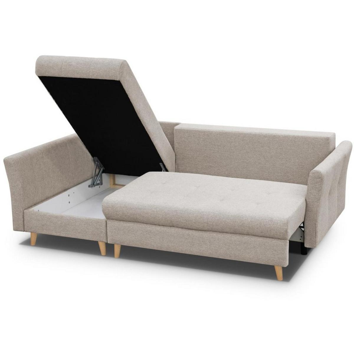 ECKSCHLAFSOFA Neron mit 2 Bettkasten und Beine in Buchefarbe, Beige, links - Beige/Buchefarben, Textil (233/148cm) - Beautysofa