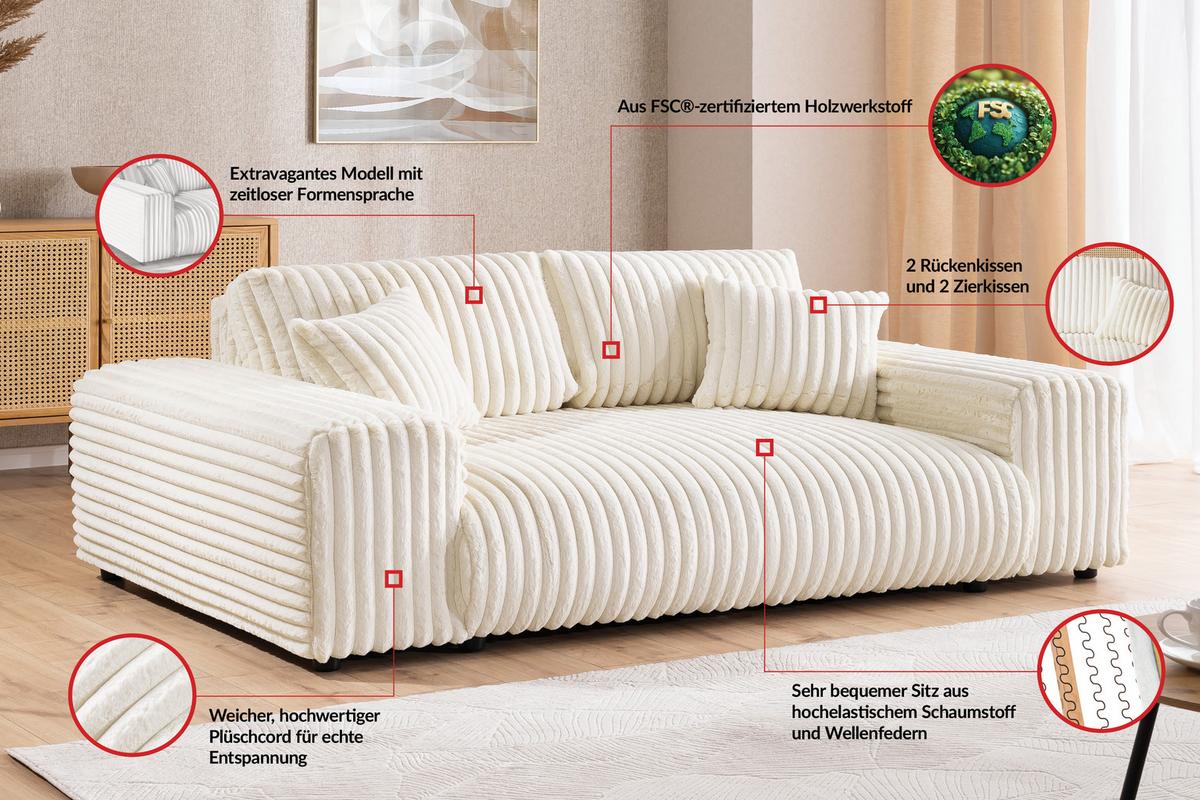 SITZGARNITUR 3+2 Mollis Hellbeige Plüschcord - Beige/Schwarz, Holz/Kunststoff (213/79/108cm) - S-Style Möbel