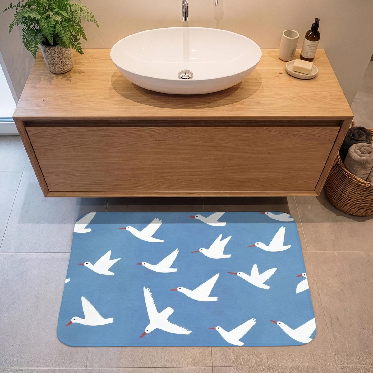 BADEMATTE Vögel - Weiß - Muster 90x60 cm - Blau, Textil (90/60cm) - OnlyWow