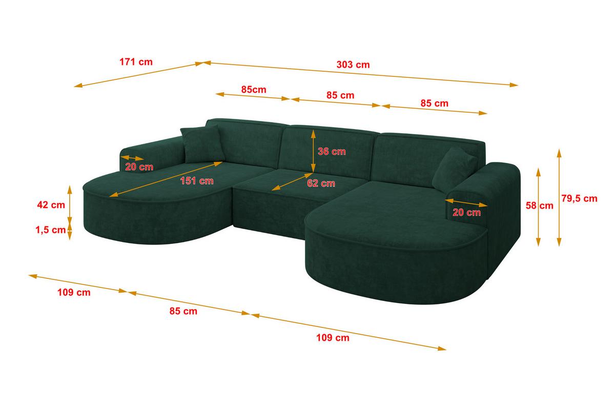 WOHNLANDSCHAFT MARI-U1 - 303x171x79 cm Grün Velours - Schwarz/Grün, Holzwerkstoff/Kunststoff (303/79/171cm) - ALTDECOR