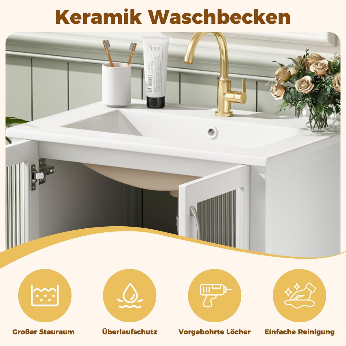WASCHTISCHUNTERSCHRANK Hochglanz-Weiß mit Keramikbecken & Riffelglas - Weiß, Holzwerkstoff (61/86/47cm) - Urban Meuble