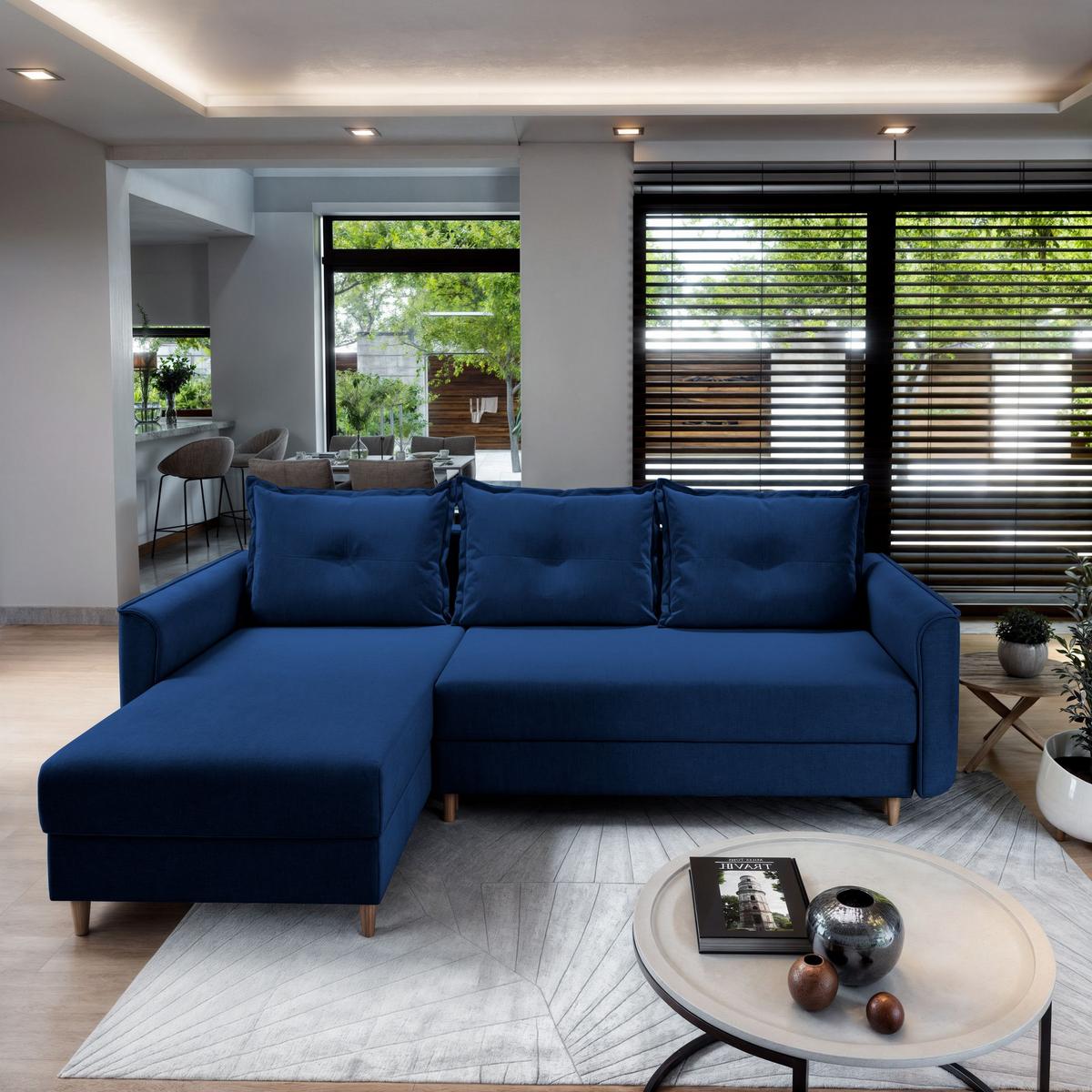 ECKSOFA PISAN L-S Blau Plüsch-Stoff mit Schlaffunktion - Blau/Braun, Holz/Textil (220/140cm) - MASSENO