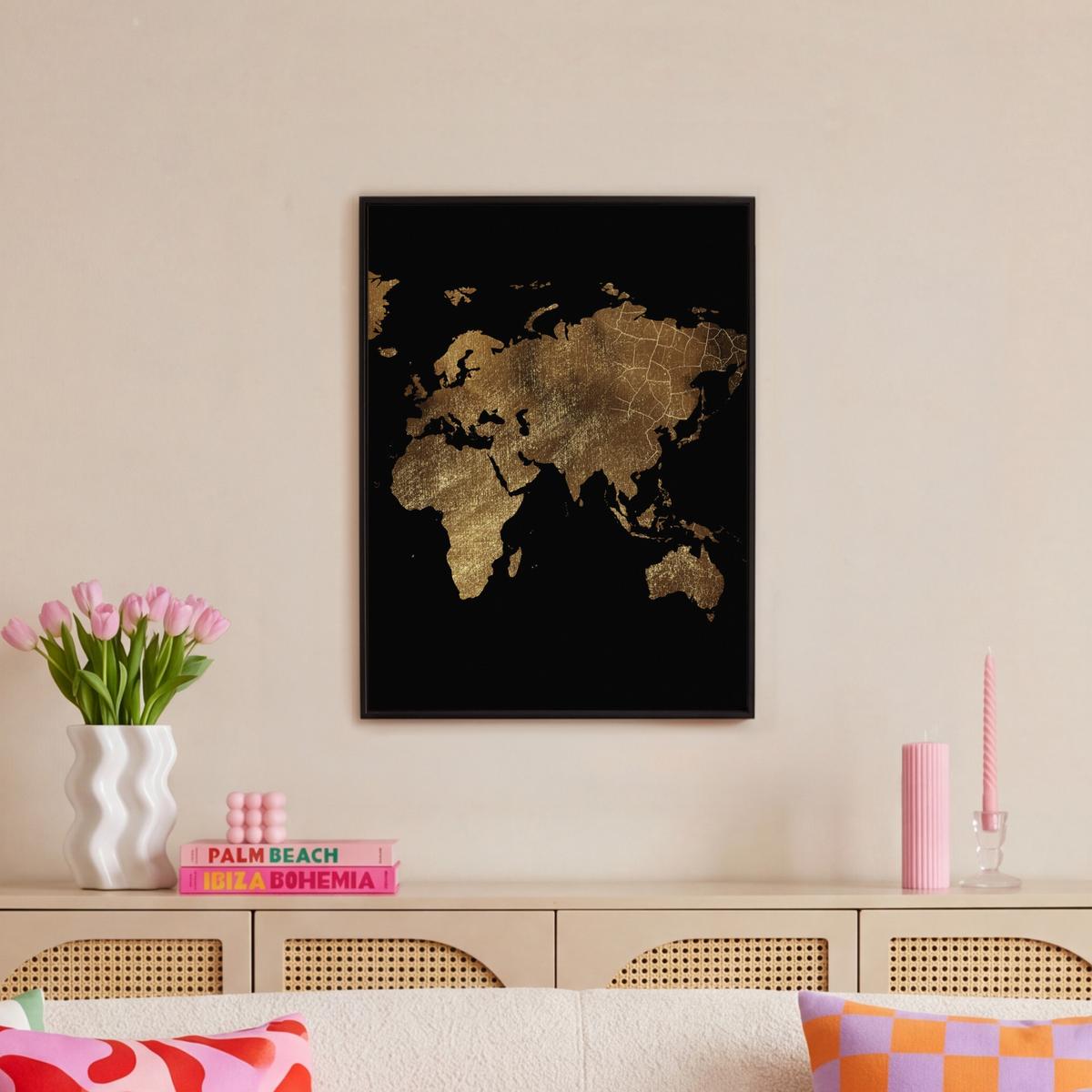 LEINWAND Bilder mit Rahmen - Weltkarte - Gold - Luxus - Erde - Schwarz - 60x80 - Goldfarben, Textil (60/80cm) - MuchoWow