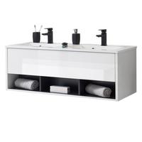 WASCHBECKENUNTERSCHRANK mit Doppelwaschbecken weiß Hochglanz, grau 120 cm - Weiß Hochglanz/Grau, Holzwerkstoff/Metall (120/44/47cm) - Furn.Design