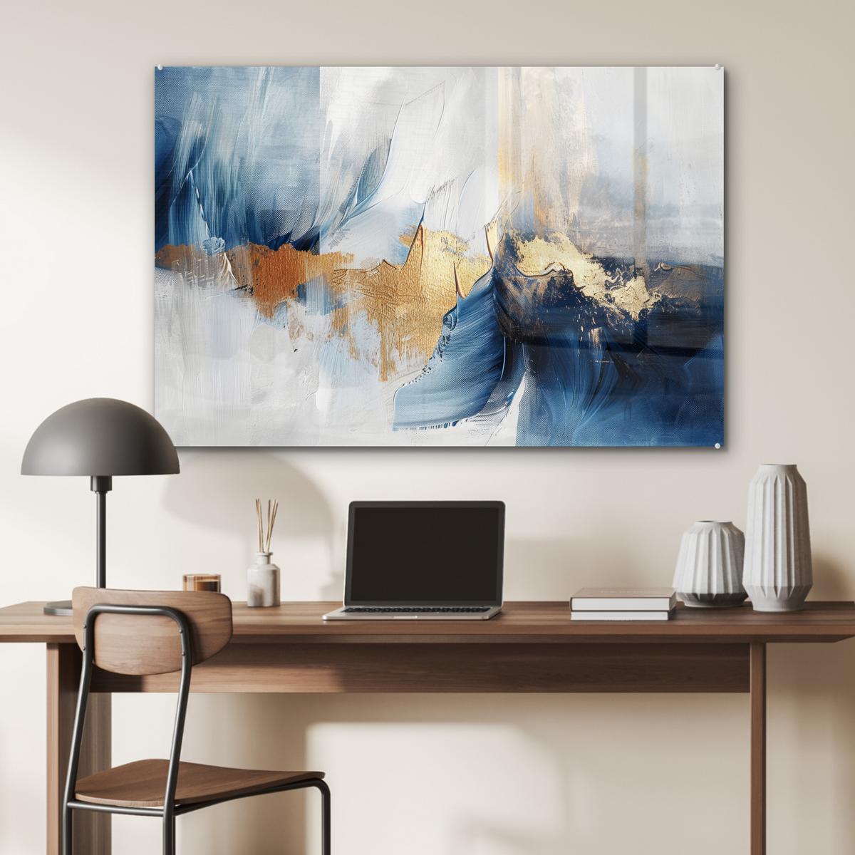 ACRYLGLASBILD Gold - Blau - Aquarell - Kunst - Modern Wandbild Schlafzimmer 120x80 cm - Hellblau, Glas (120/80cm) - MuchoWow