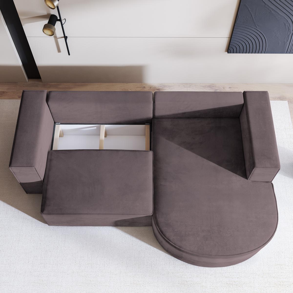 ECKSOFA SORELA M R-S Lila Velours-Stoff mit Schlaffunktion - Lila, Holz (263/174cm) - MASSENO