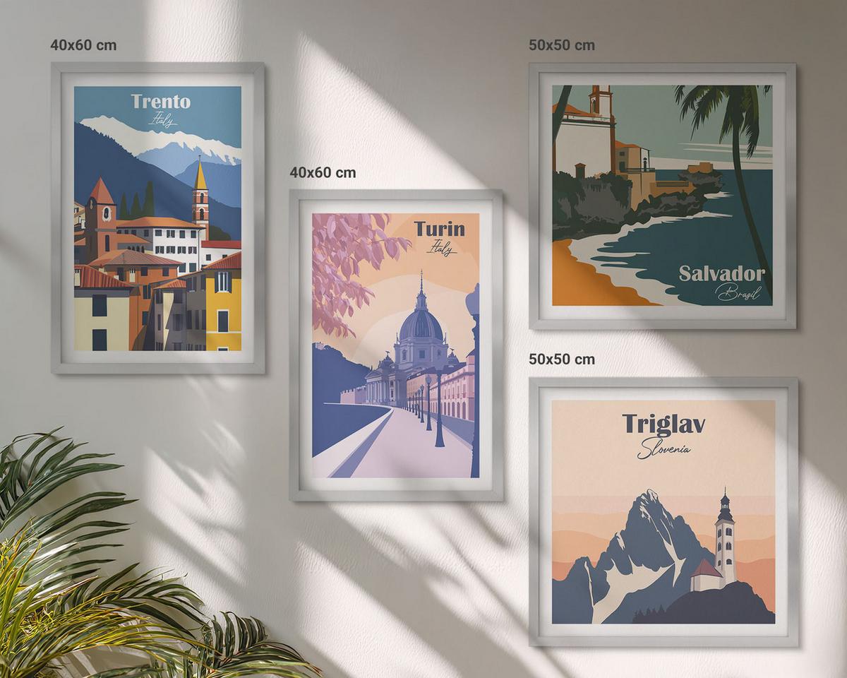 BILDER SET 4er Set - 50x50 cm & 40x60 cm Silberner Rahmen - Illustrationen zur Retro-Architektur der Berge - Silberfarben, Kunststoff (50/50cm) - TULUP