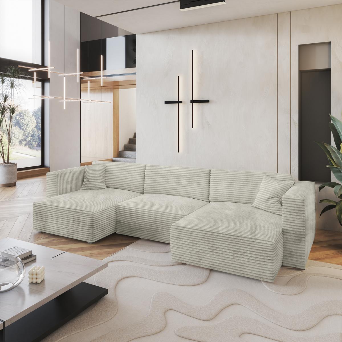 WOHNLANDSCHAFT SARMO Hellgrau Kordstoff mit Schlaffunktion - Hellgrau/Grau, Holz/Kunststoff (347/90/148cm) - MASSENO