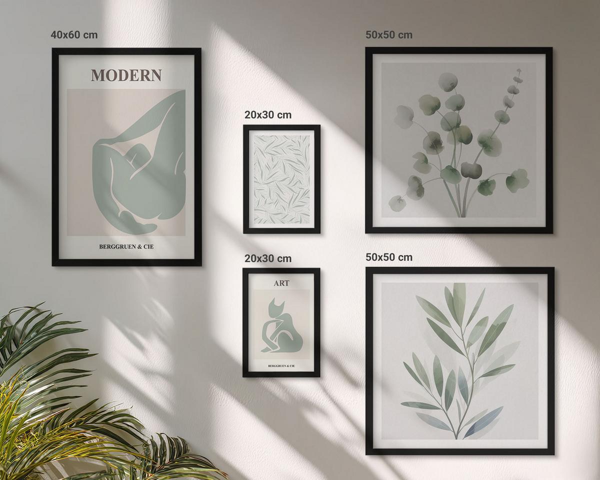BILDER SET 5er Set - 50x50 cm & 20x30 cm & 40x60 cm Schwarzer Rahmen - Pflanzenmotive, zartes Grün - Schwarz, Kunststoff (40/60cm) - TULUP