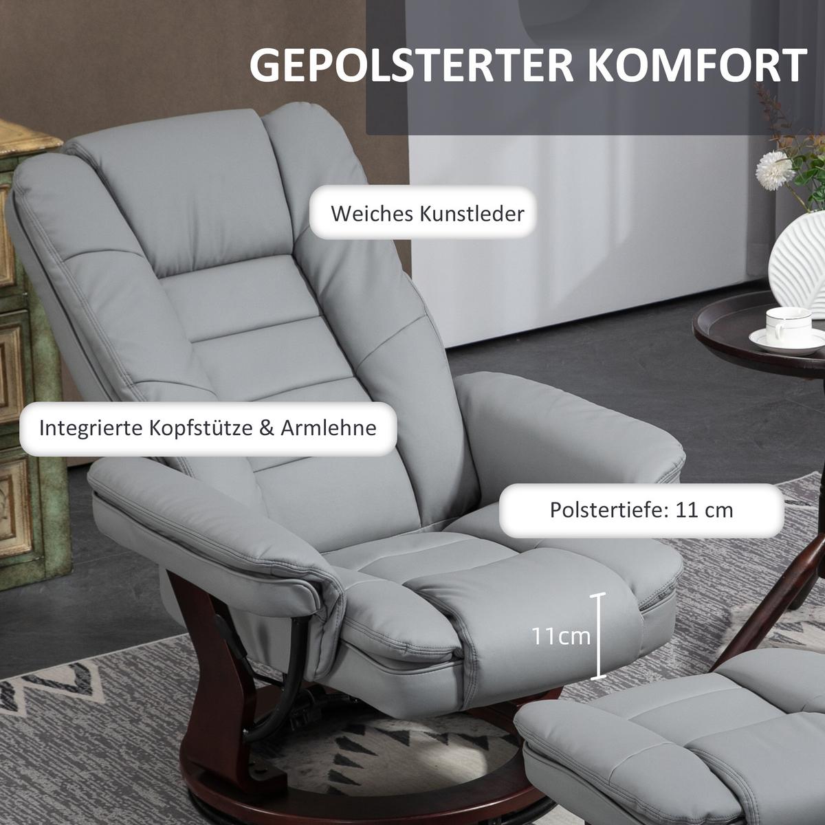RELAXSESSEL mit Hocker 360°Drehbarer Fernsehsessel mit Liegefunktion Kunstleder - Braun/Grau, Leder/Holz (82/106/85cm) - HOMCOM