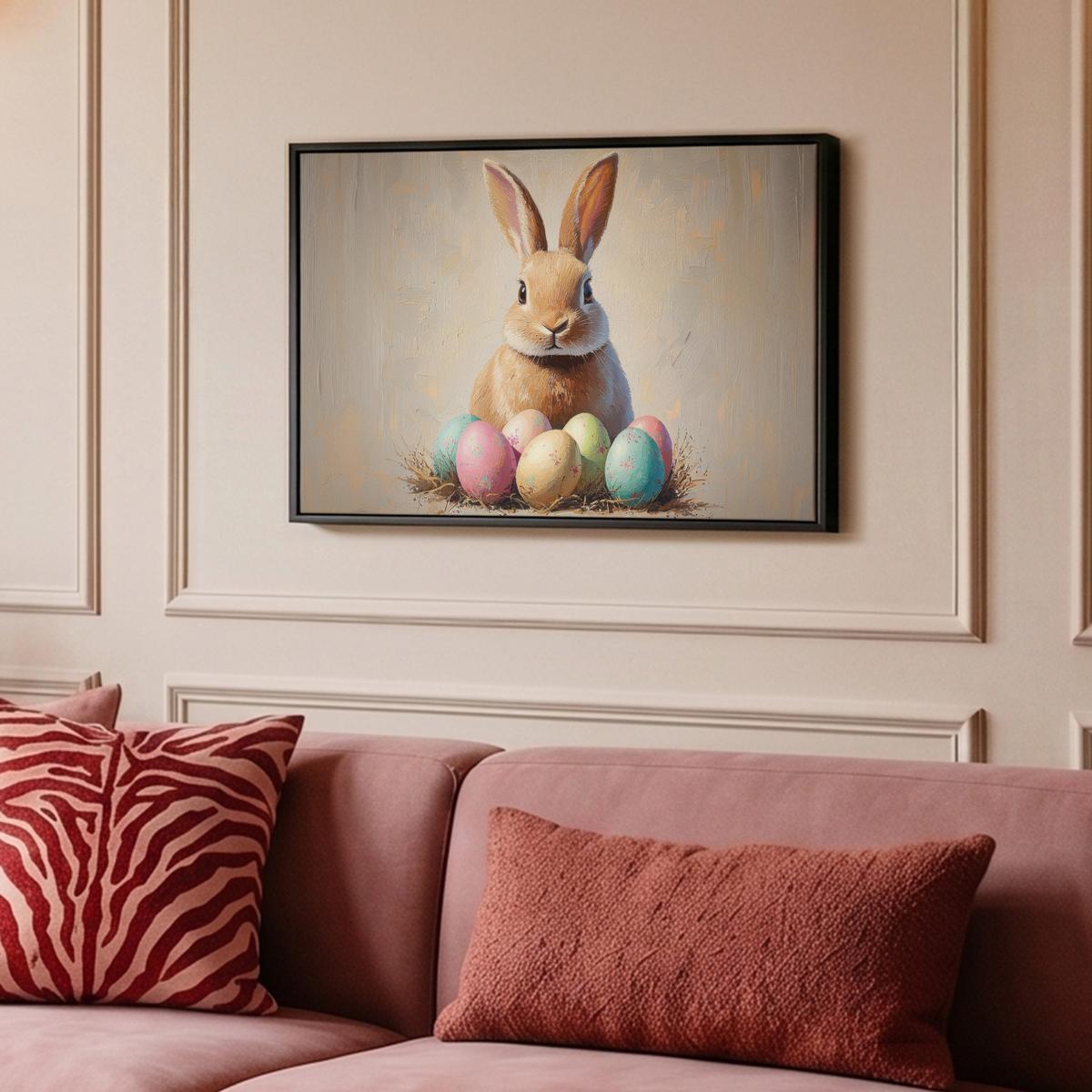 LEINWAND Bilder mit Rahmen - Osterhase - Pastell - Eier - 60x40 - Beige, Textil (60/40cm) - MuchoWow