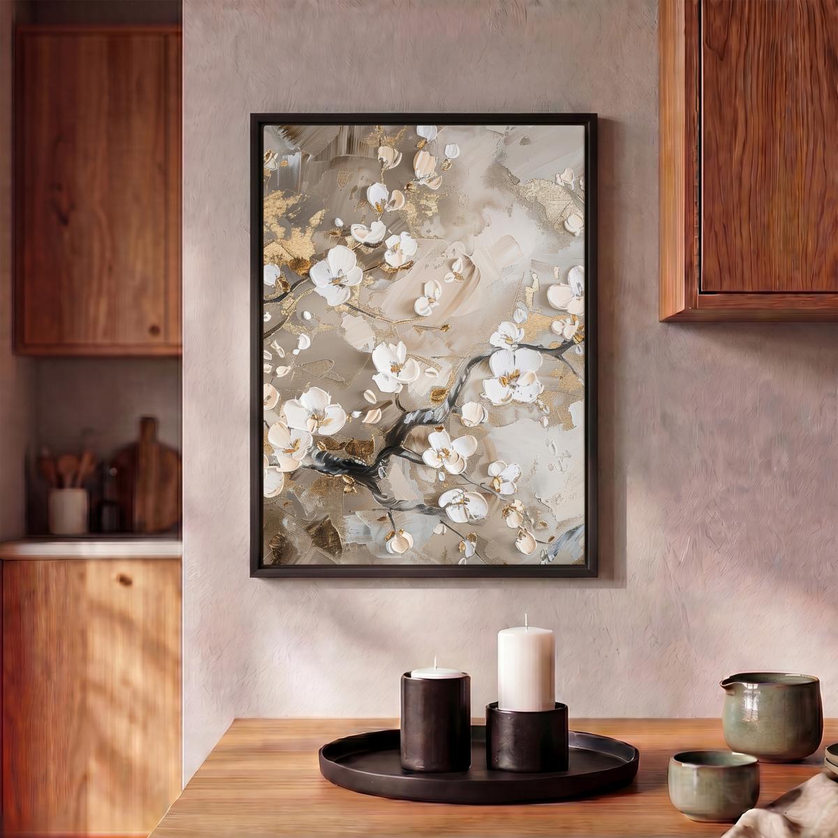 LEINWAND Bilder mit Rahmen - Blumen - Weiß - Gold - Beige - Luxus - 30x40 - Greige, Textil (30/40cm) - MuchoWow
