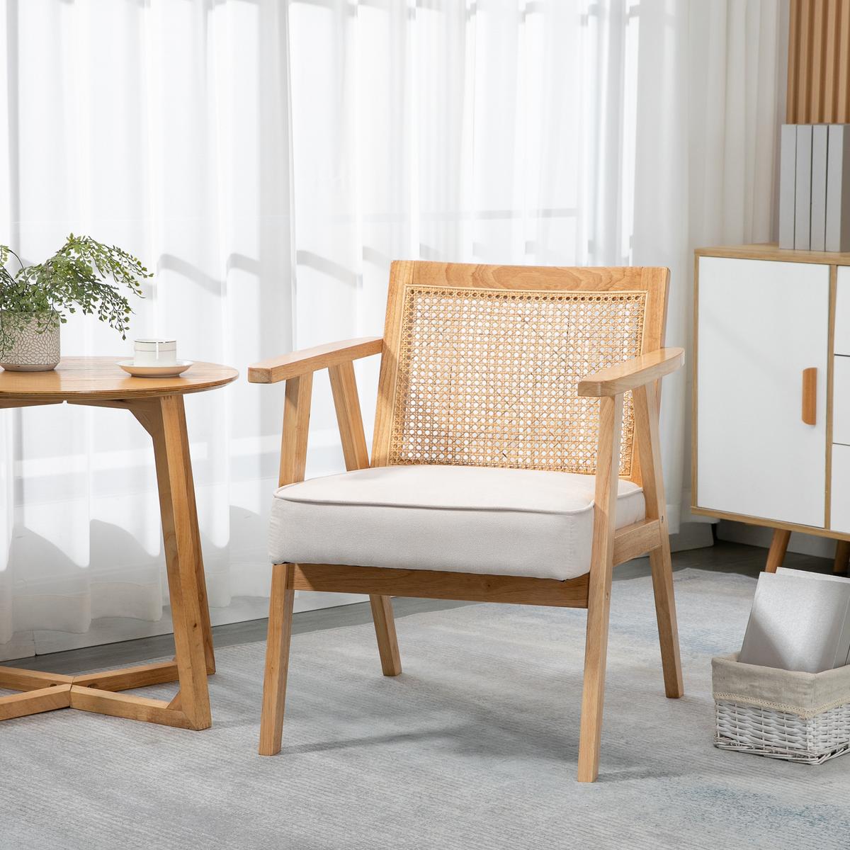 SESSEL Wohnzimmer Relaxsessel mit Armlehnen, Sitzkissen, Rattan-Rückenlehne - Weiß, Kunststoff (63/78/69cm) - HOMCOM