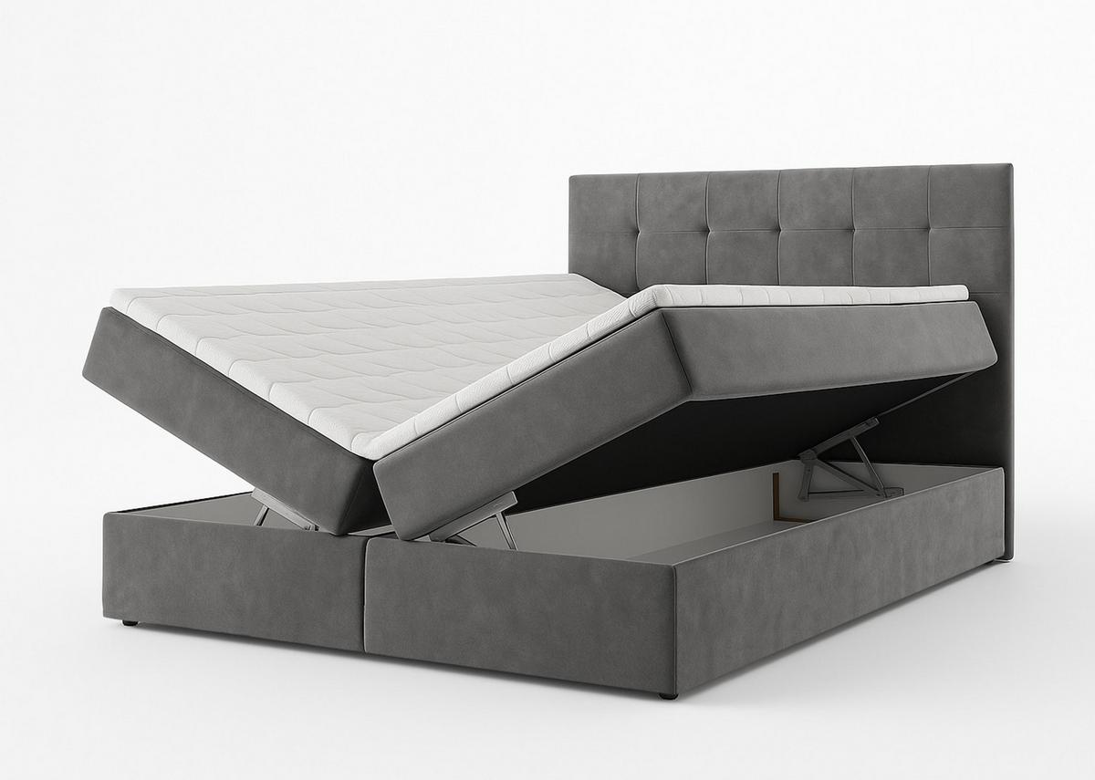 BOXBETT GECETENI 140x200 cm mit Bettkasten und Matratze - Grau + TOPPER - Schwarz/Grau, Holz/Holzwerkstoff (140/200cm) - AX Living