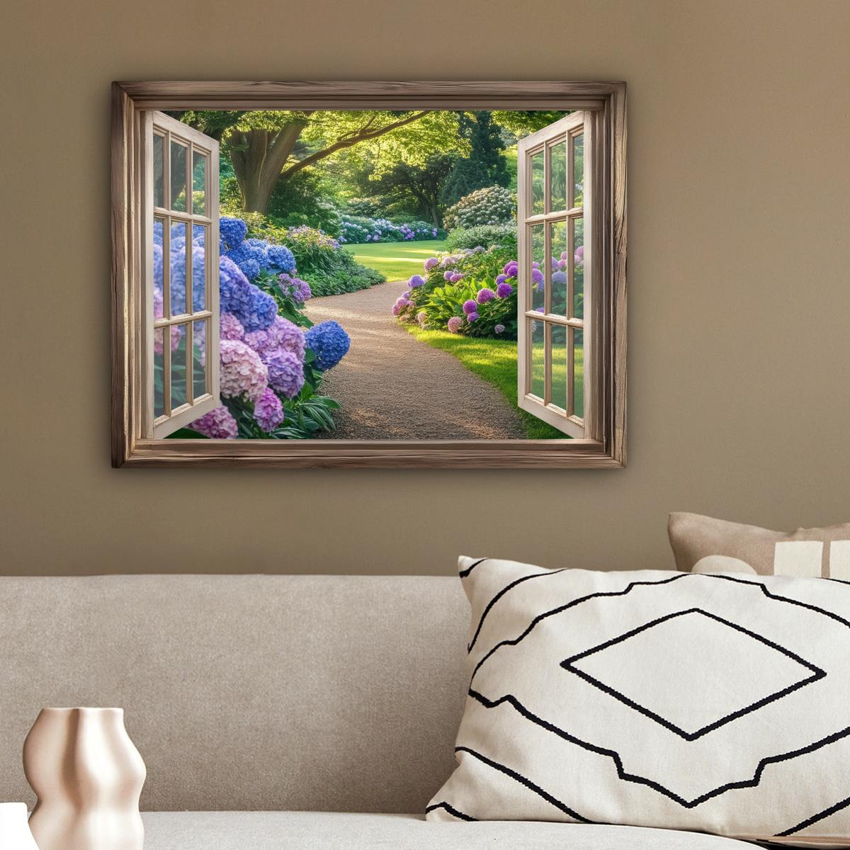 LEINWANDBILD Aussicht - Garten - Fenster - Hortensie - Blumen Wandbild 40x30 cm - Pastellblau, Textil (40/30cm) - MuchoWow