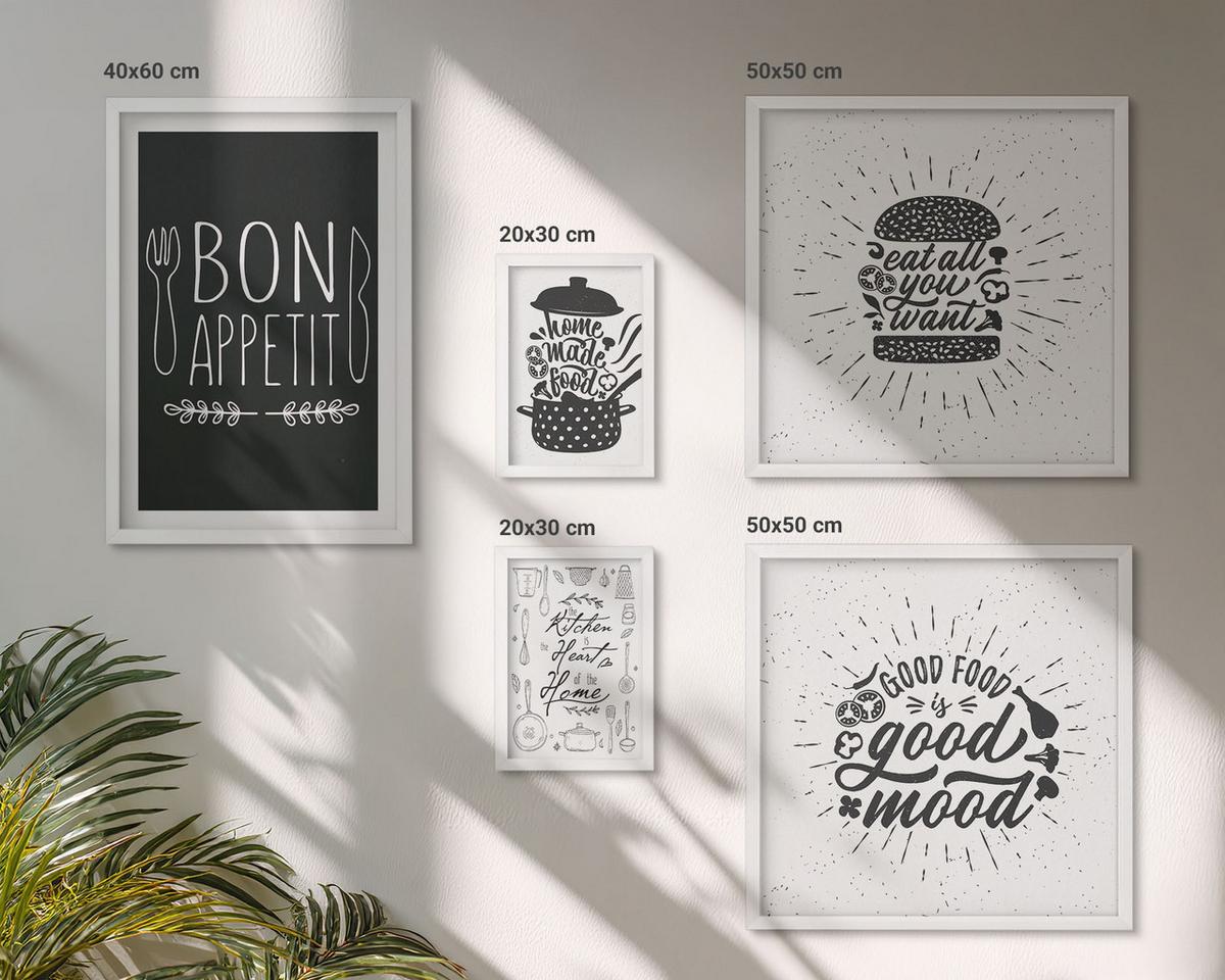 BILDER SET 5er Set - 50x50 cm & 20x30 cm & 40x60 cm Weißer Rahmen - Grafiken, Lebensmittel, kulinarische Slogans - Weiß, Kunststoff (40/60cm) - TULUP