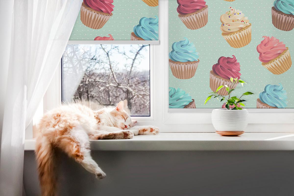 INNENROLLO - Fensterrollo - Rollo - 120x140 cm - Cupcakes - Blau, Kunststoff (120/140/0.5cm) - TULUP