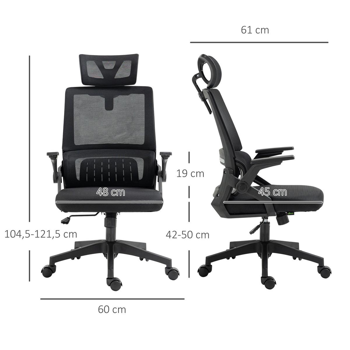 BÜROSTUHL Ergonomisch, Schreibtischstuhl mit Verstellbar Kopfstütze Mesh Schwarz - Schwarz, Textil (61/121.5/60cm) - Vinsetto