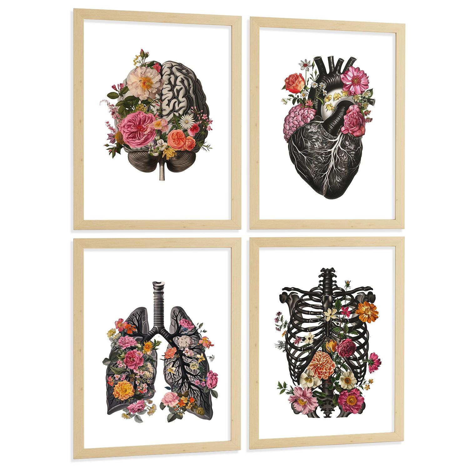 POSTER Set aus 4 Anatomie Drucke und Dekorative mit Gehirn Herz Lungen Atmungssystem Rippen Wirbelsäule Modernes Florales Größe Leichter Holzrahmen A4 - Beige, Papier (21/29.7/3cm) - Nacnic