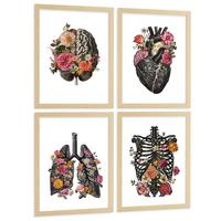 POSTER Set aus 4 Anatomie Drucke und Dekorative mit Gehirn Herz Lungen Atmungssystem Rippen Wirbelsäule Modernes Florales Größe Leichter Holzrahmen A4 - Beige, Papier (21/29.7/3cm) - Nacnic