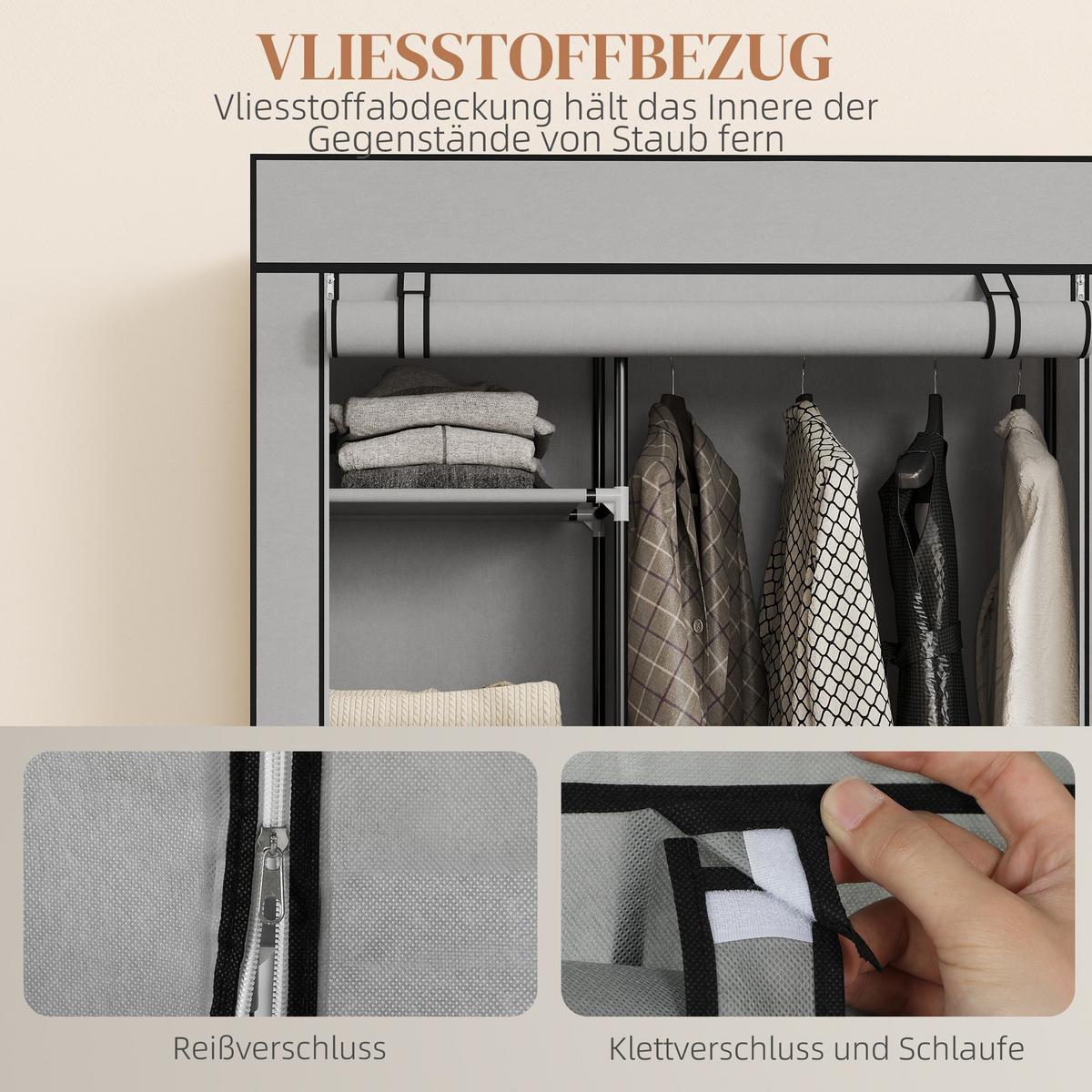STOFFSCHRANK mit 2 Kleiderstangen, 6 Fächern Hellgrau - Hellgrau, Metall (43/162.5/103cm) - HOMCOM
