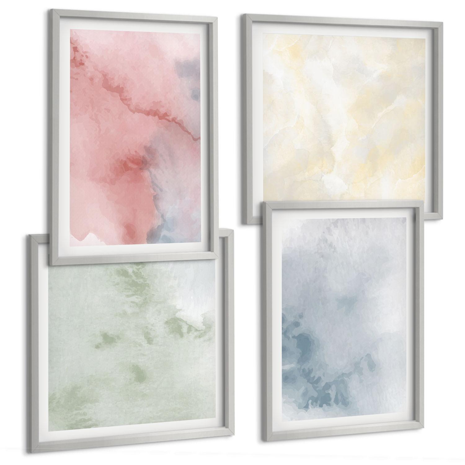 BILDER SET 4er Set - 50x50 cm & 40x60 cm Silberner Rahmen - Aquarellfarben in Pastellfarben - Silberfarben, Kunststoff (50/50cm) - TULUP
