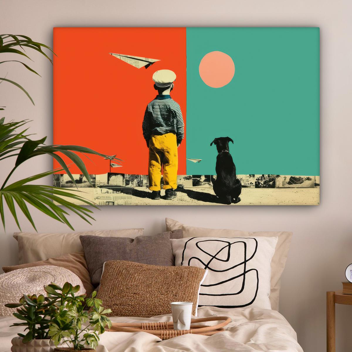 LEINWANDBILD Retro - Junge - Hund - Rot - Grün Wohnzimmer Groß 120x80 cm - Orange, Textil (120/80cm) - MuchoWow