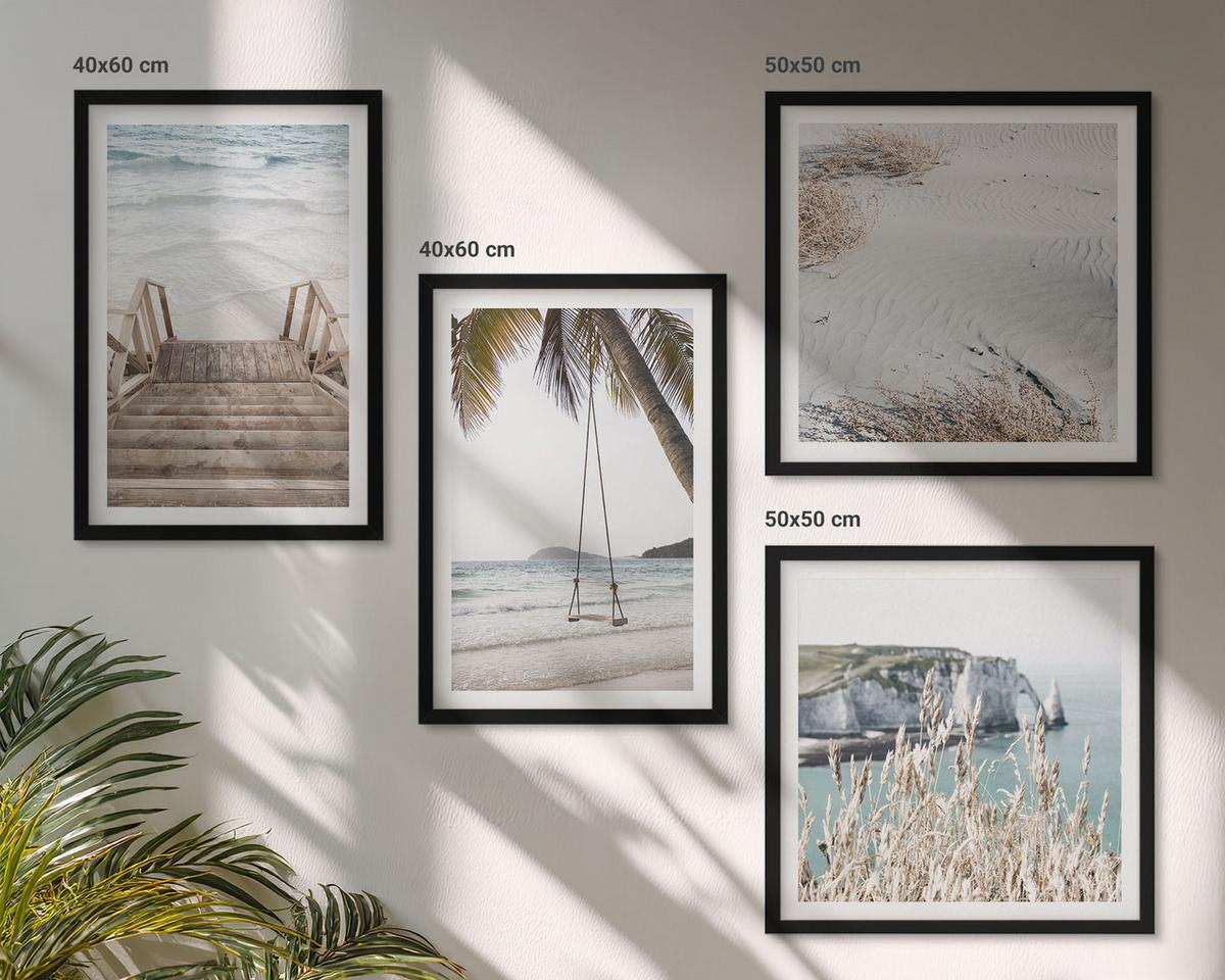 BILDER SET 4er Set - 50x50 cm & 40x60 cm Schwarzer Rahmen - Strandtreppe Schaukel Meer - Schwarz, Kunststoff (50/50cm) - TULUP